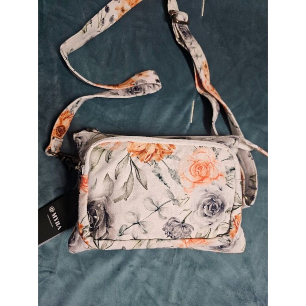 Myra Bag Floral Canvas Crossbody Purse Peach & Grey Rose Small Shoulder Bag NWT